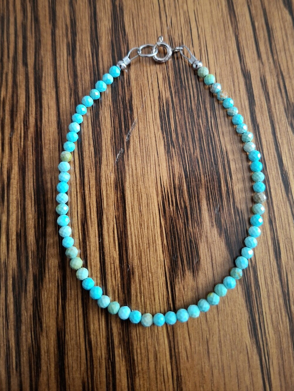 Turquoise Faceted 3mm Beaded Bracelet Sterling Silver 7.5"